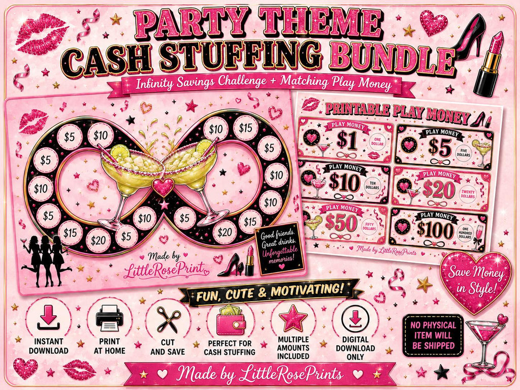 Party Theme Cash Stuffing Bundle | Infinity Savings Challenge, Play Money (Digital Download)