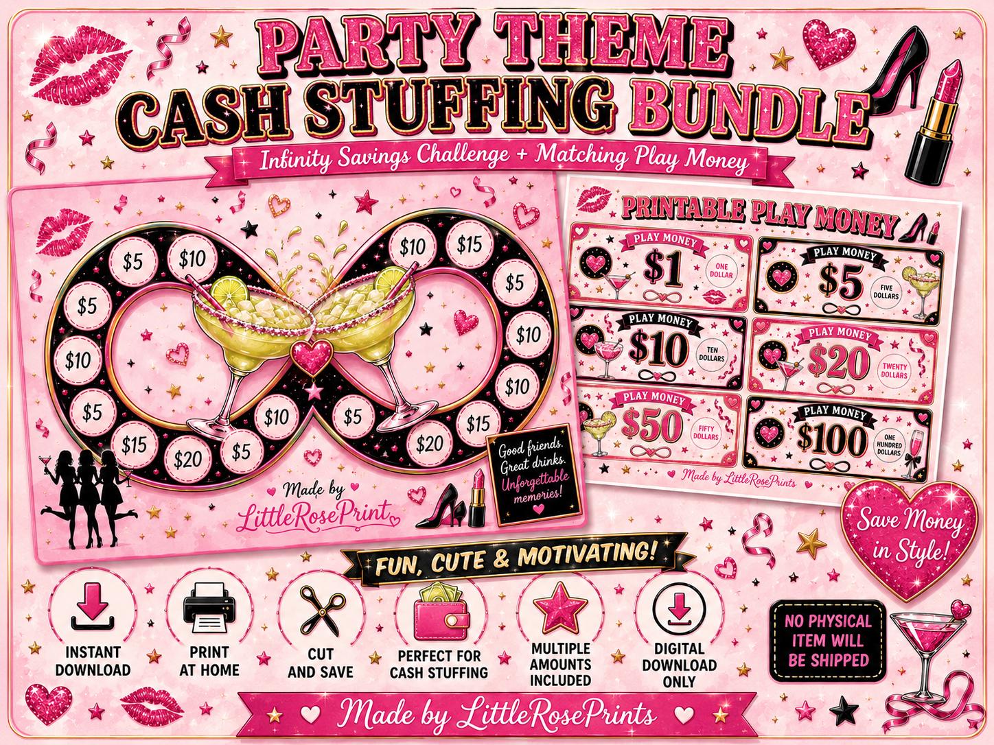 Party Theme Cash Stuffing Bundle | Infinity Savings Challenge, Play Money (Digital Download)