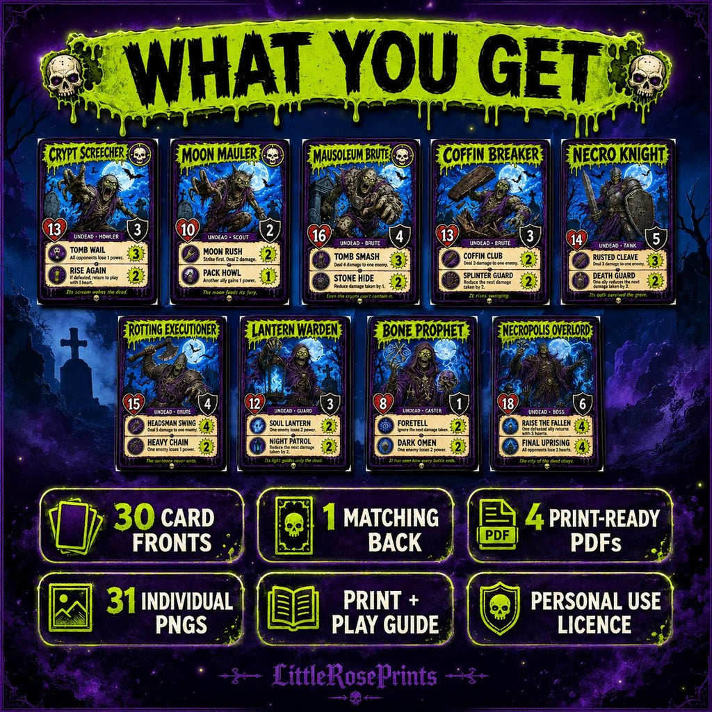 Undead Uprising Printable Battle Cards, 30 Zombie Game Cards, A4 & US Letter PDFs