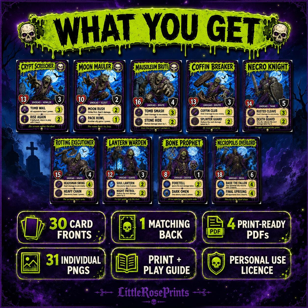 Undead Uprising Printable Battle Cards, 30 Zombie Game Cards, A4 & US Letter PDFs