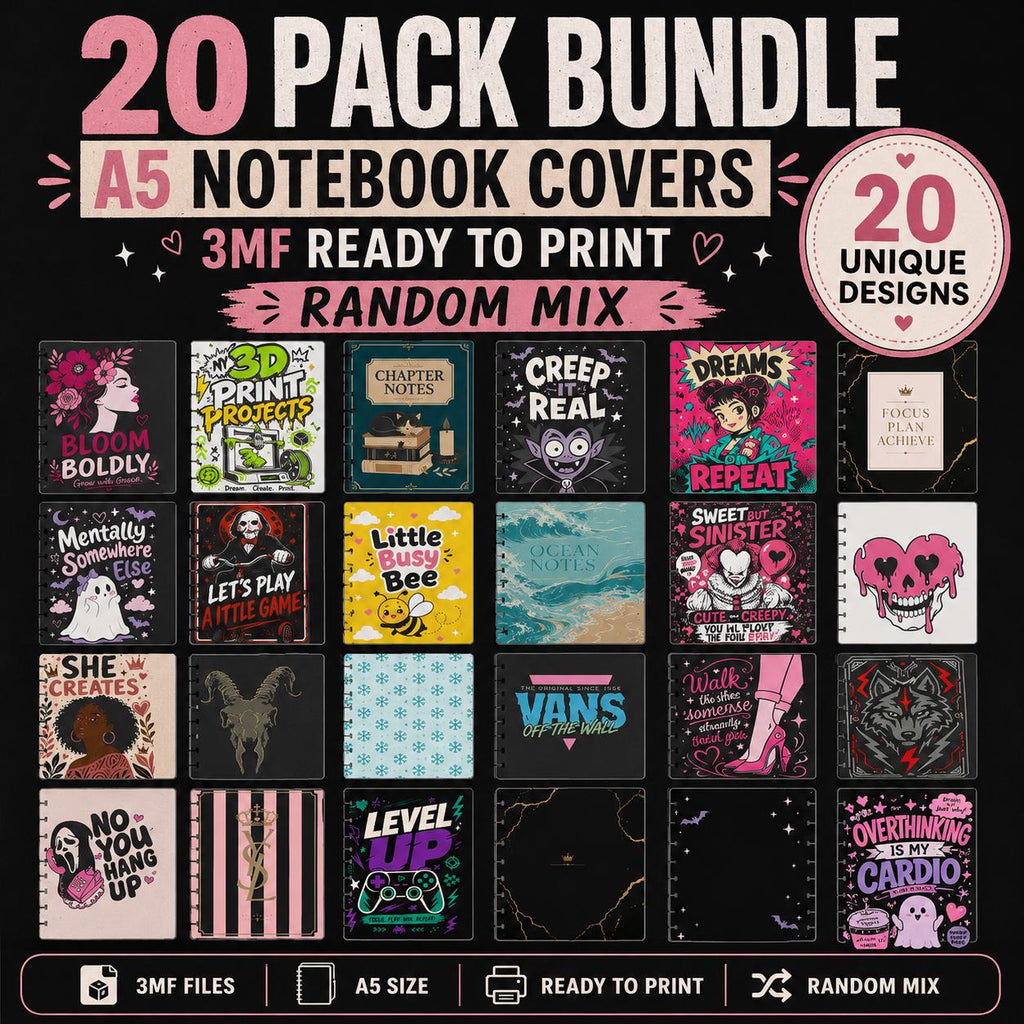 A5 Notebook Cover Bundle | 20 Unique 3MF Designs | Ready to Print | Random Mix Front & Matching Back Covers