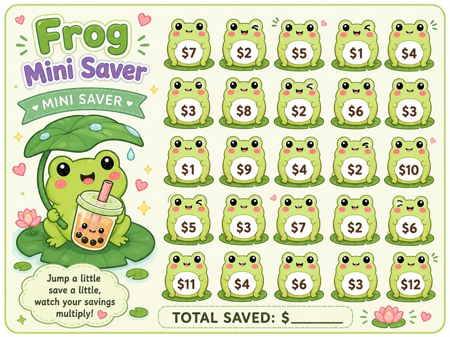 6 Mini Kawaii Savings Challenge Cards | Wallet Size Tracker (4x3 Inch) (Digital Download)