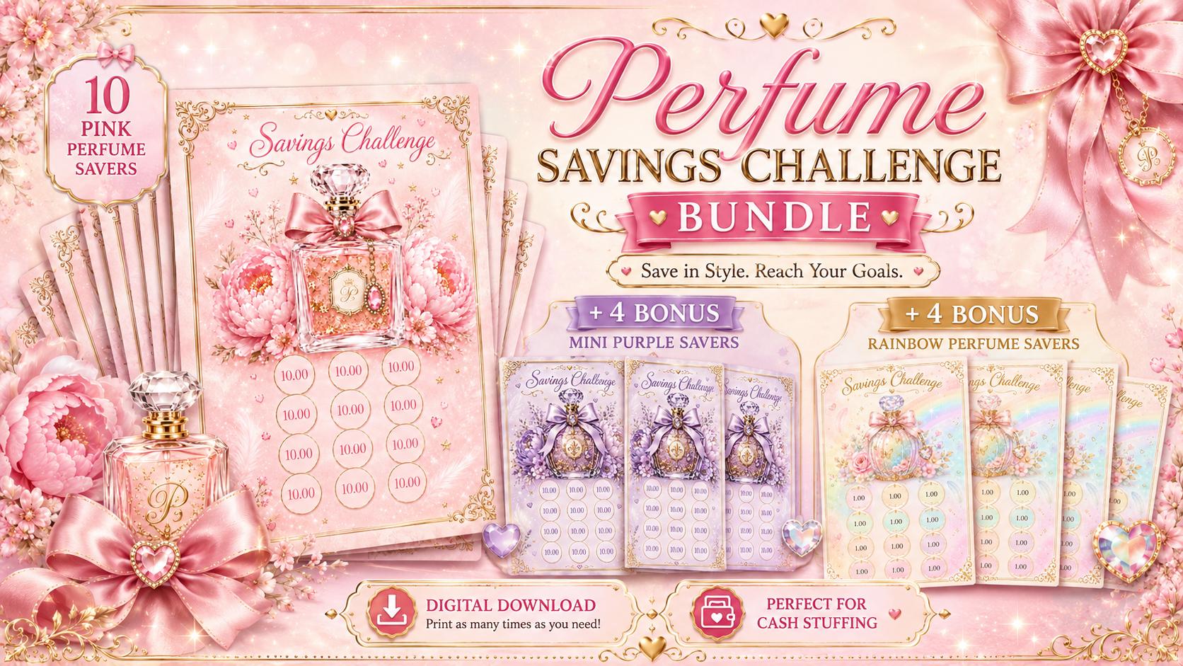 Perfume Savings Challenge Bundle, 18 A6 Cash Stuffing Trackers, Budget Printable, Digital Download