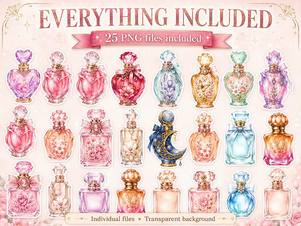 Perfume Bottle PNG Clipart Bundle, 25 Watercolor Floral Stickers for Journals and Scrapbooking