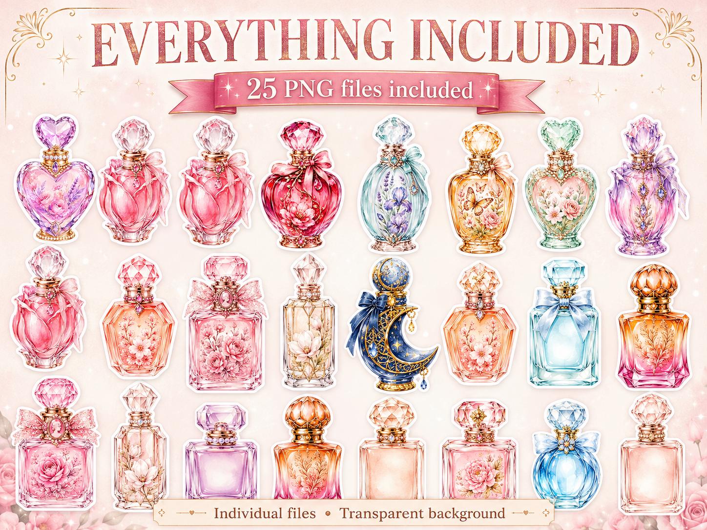 Perfume Bottle PNG Clipart Bundle, 25 Watercolor Floral Stickers for Journals and Scrapbooking