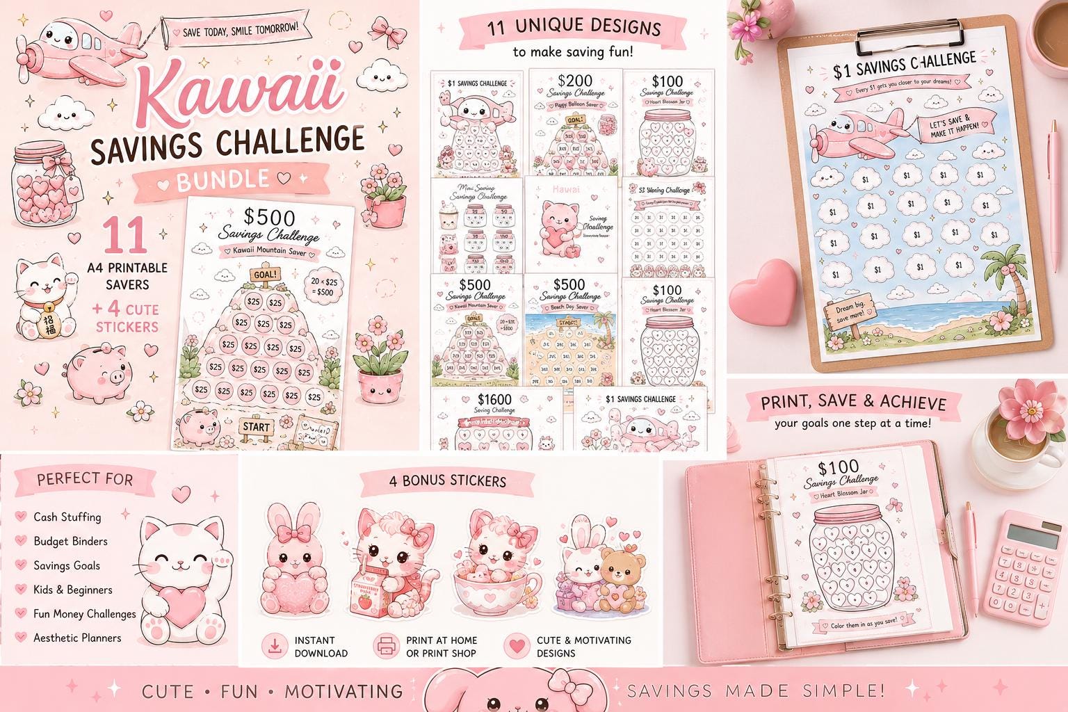 Kawaii Savings Challenge Bundle, A4 Cash Stuffing Trackers, Budget Planner (Digital Download)