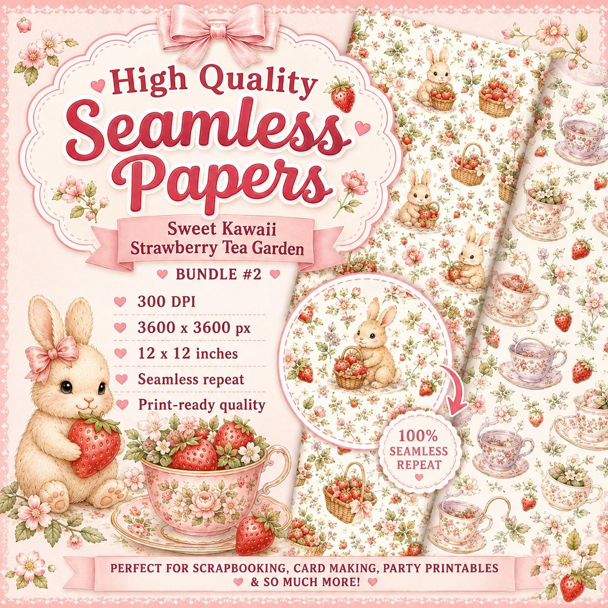 Strawberry Seamless Pattern Bundle, Kawaii Cottagecore Digital Paper, 12 Strawberry Tea Garden Papers, Scrapbook Paper, 300 DPI