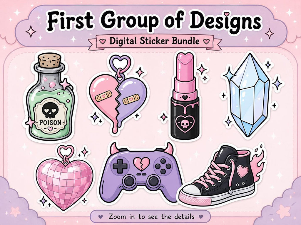20 Pastel Goth PNG Stickers, Cute Creepy Y2K Clipart Bundle, Kawaii Emo Digital Download for Journals and Scrapbooking