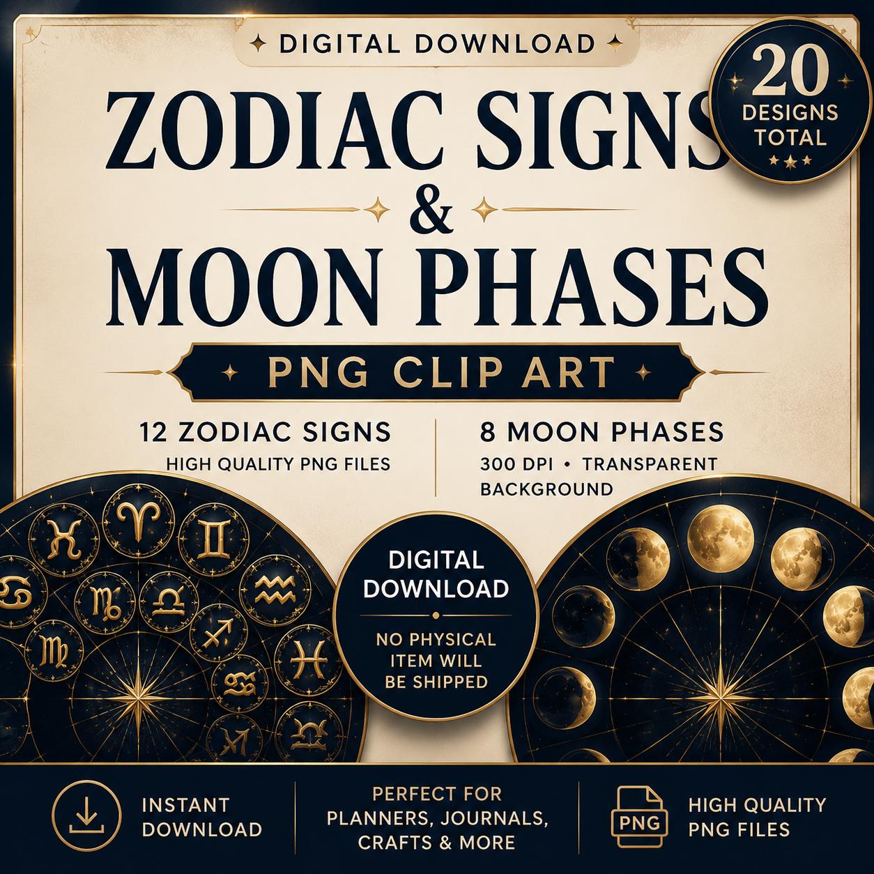 Zodiac Signs Clipart Bundle | Moon Phase PNG | Celestial Astrology Clip Art | 12 Zodiac PNG + 8 Moon Phases | Transparent Background