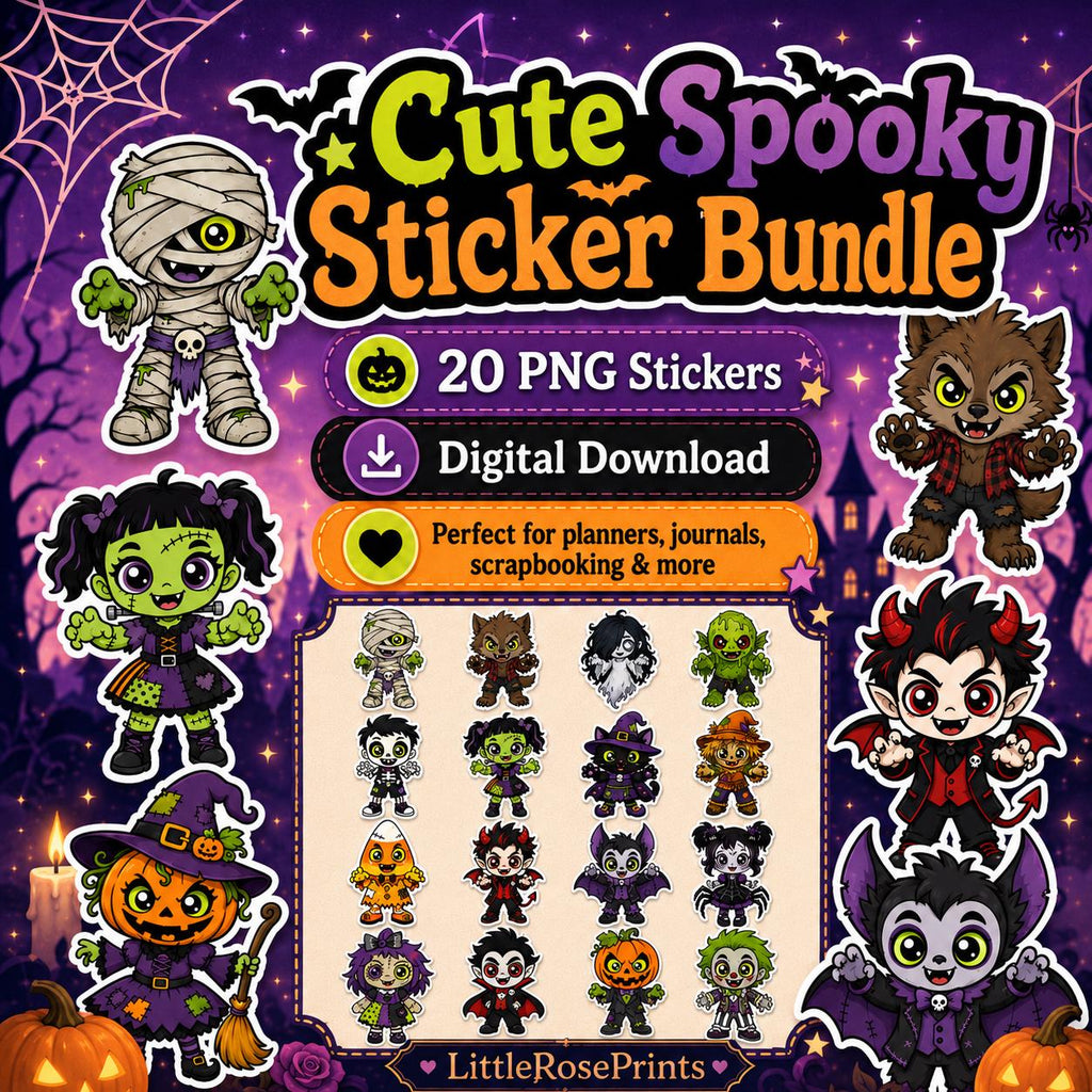 Kawaii Halloween PNG Sticker Bundle – 16 Cute Spooky Monster Clipart Designs
