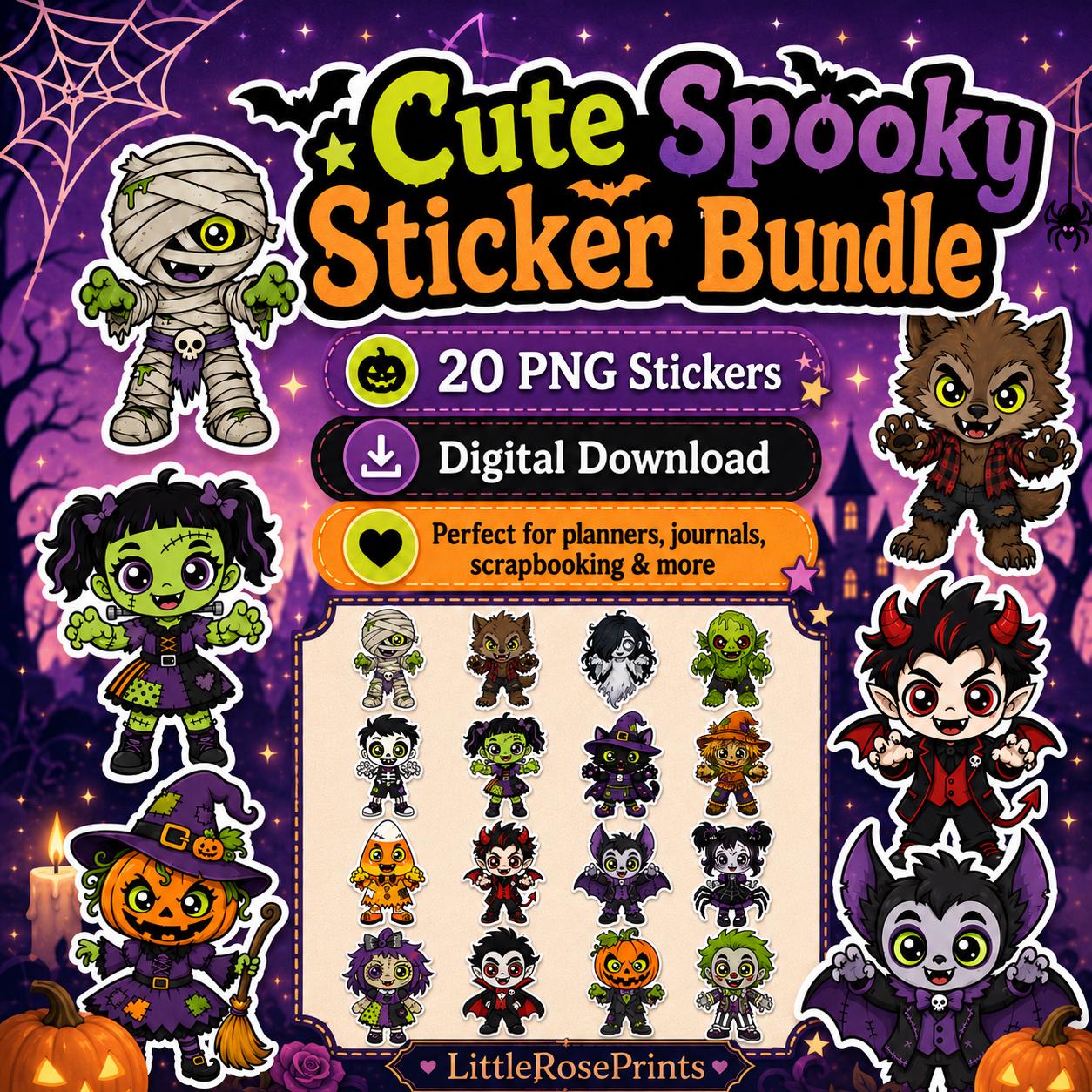 Kawaii Halloween PNG Sticker Bundle – 16 Cute Spooky Monster Clipart Designs