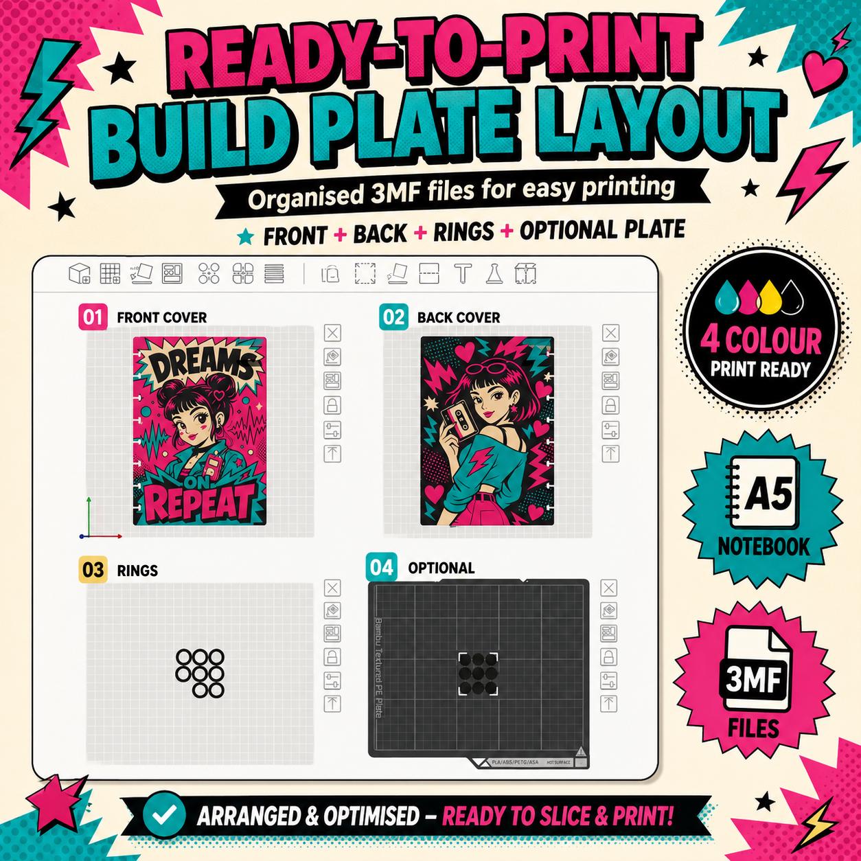 A5 Notebook Cover 3MF Bundle, 4 Retro Comic Designs, Front Back and Rings, 4 Colour 3D Print Files