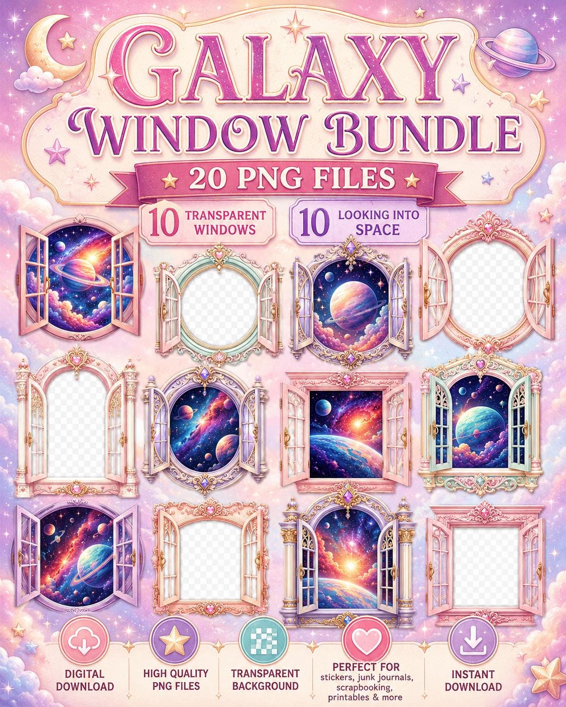 Galaxy Window PNG Bundle | Fantasy Space Window Clipart | Transparent Window PNG | Junk Journal Digital Download | 20 PNG Files