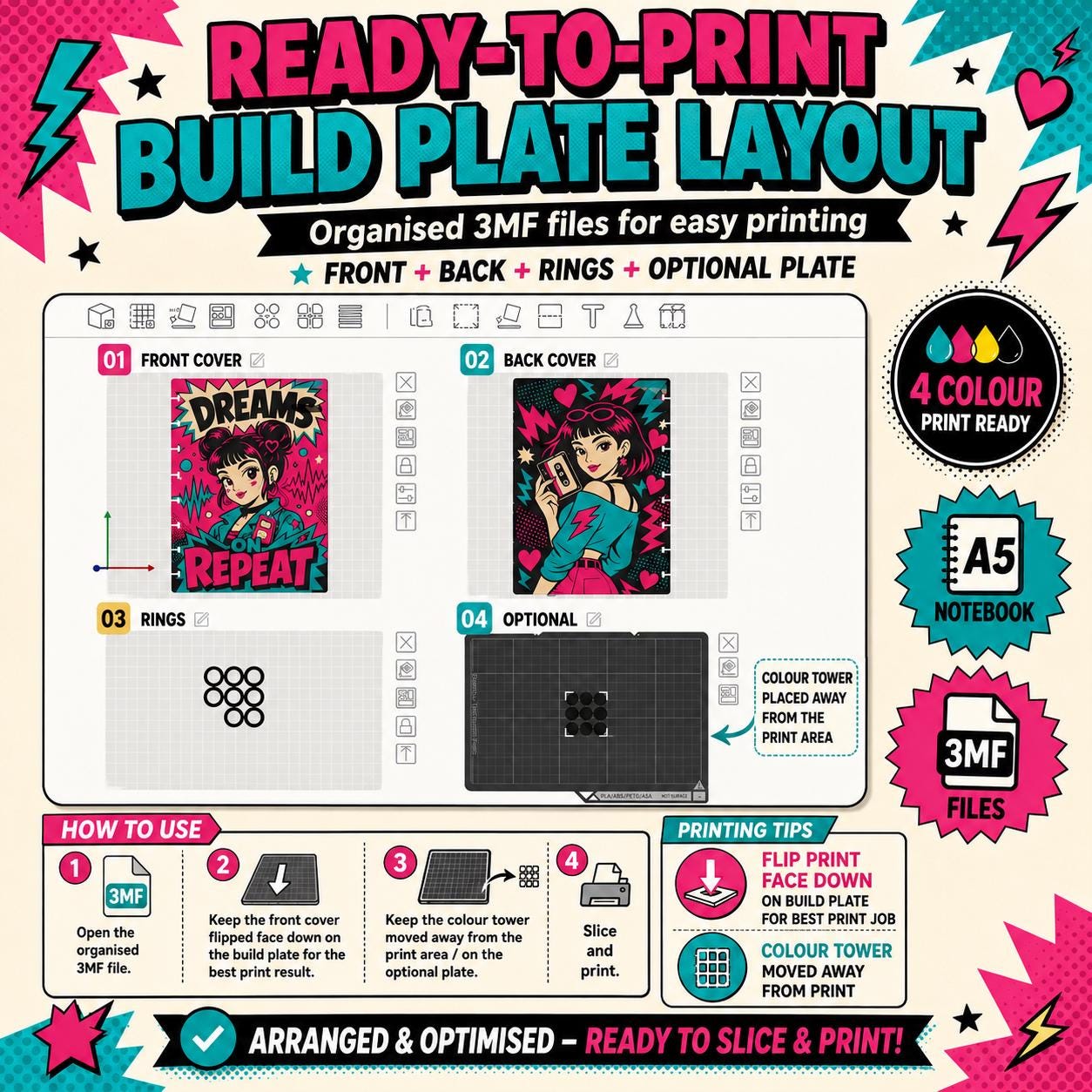 A5 Notebook Cover 3MF Bundle, 4 Retro Comic Designs, Front Back and Rings, 4 Colour 3D Print Files