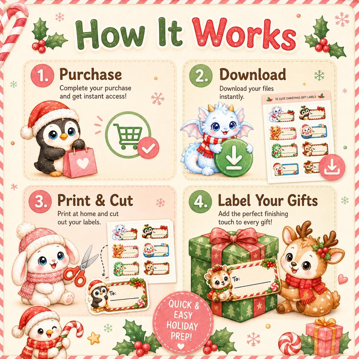 Cutie Christmas Name Labels Printable | Kawaii Christmas Gift Tags | DIY Present Stickers | Kids Christmas Labels | To From Gift Labels