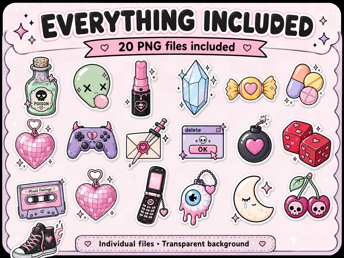 20 Pastel Goth PNG Stickers, Cute Creepy Y2K Clipart Bundle, Kawaii Emo Digital Download for Journals and Scrapbooking
