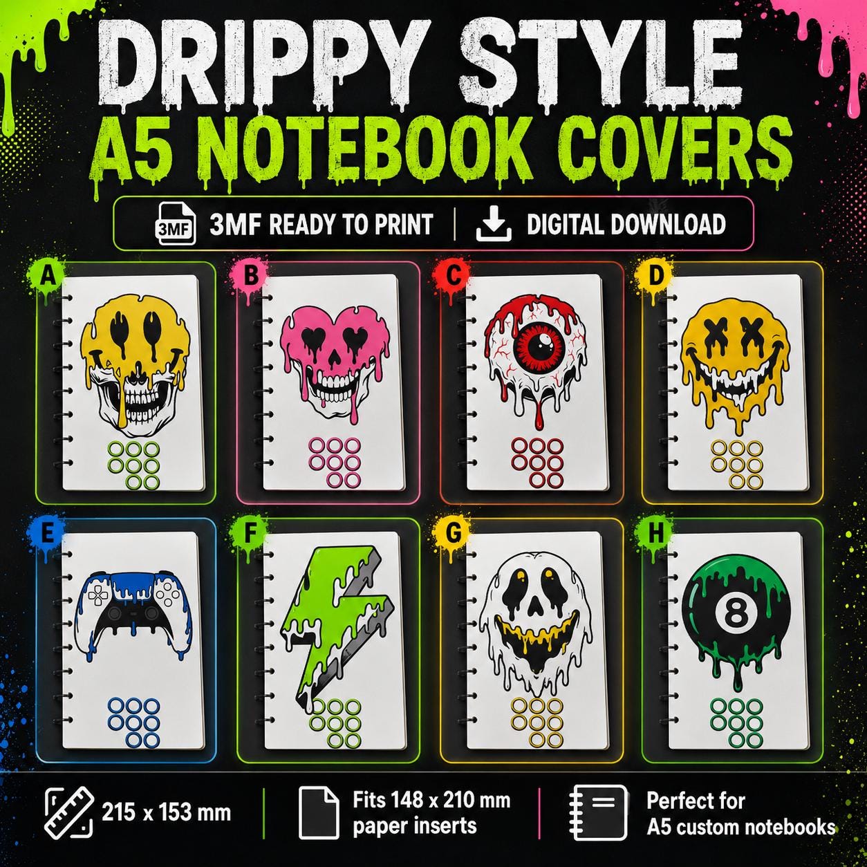 Drippy A5 Notebook Cover Bundle 3MF | 8 Designs, Front - Back Covers, Rings & Caps | 3D Printable Digital Download