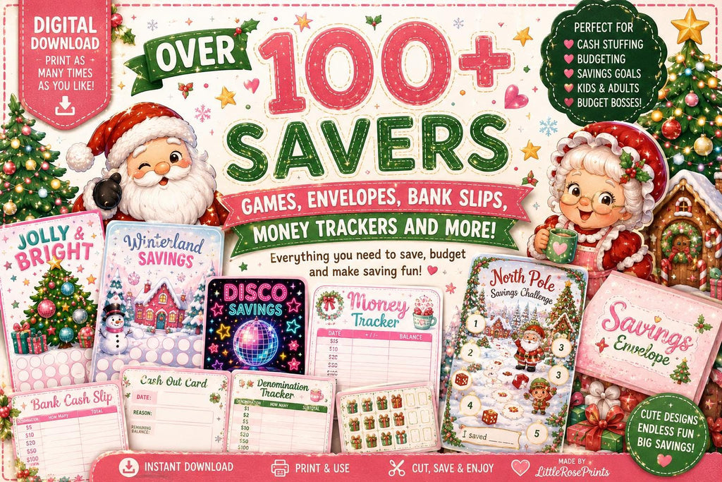Christmas Savings Challenge Bundle | Over 100 Trackers, Games, Envelopes (Digital Download)