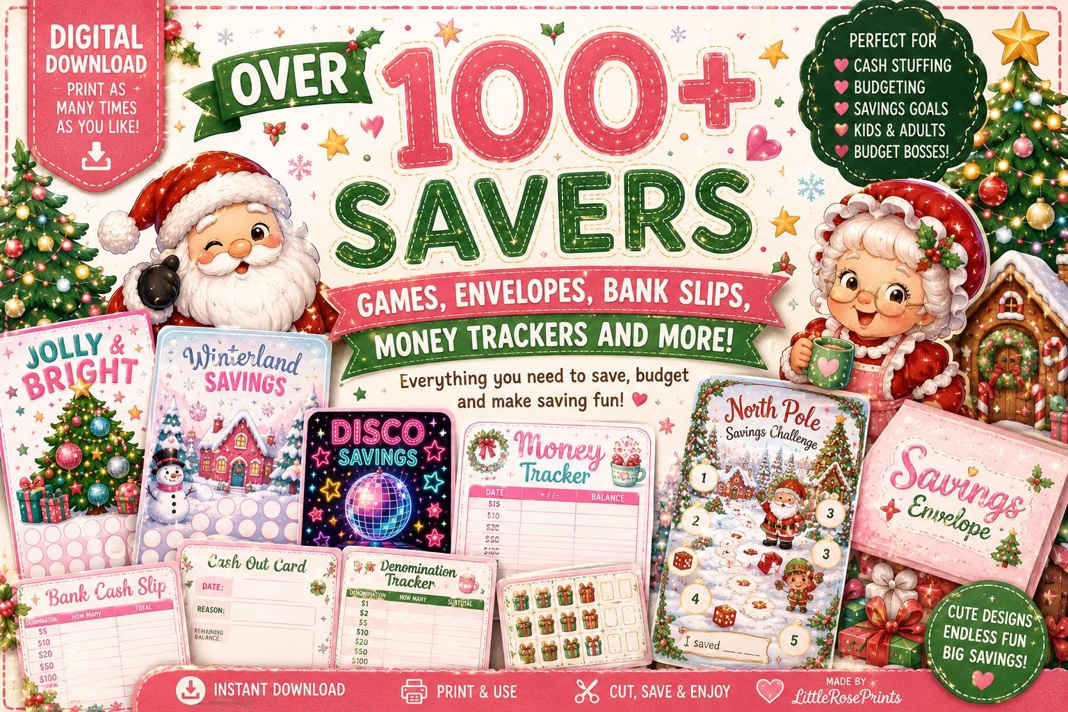 Christmas Savings Challenge Bundle | Over 100 Trackers, Games, Envelopes (Digital Download)