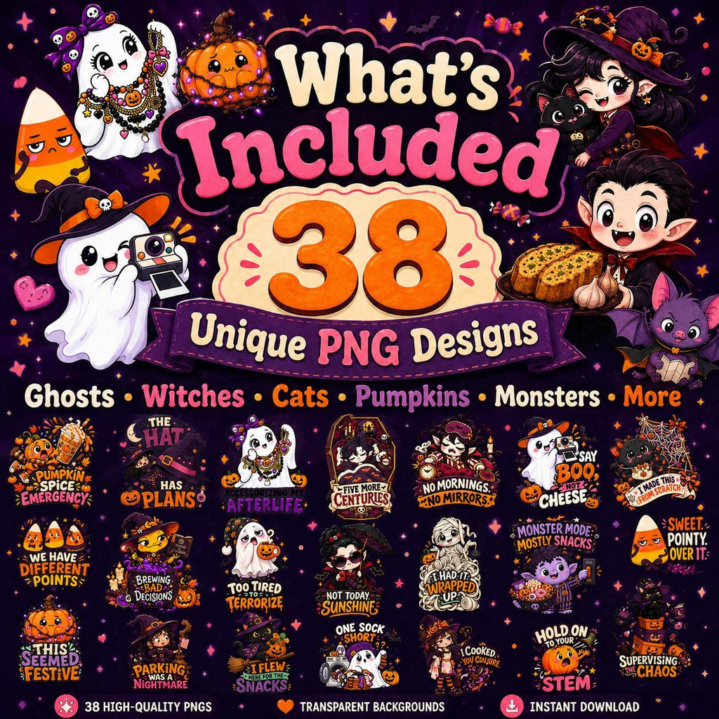 Halloween PNG Bundle, 38 Funny Cute Spooky Designs for Shirts, Stickers & Sublimation
