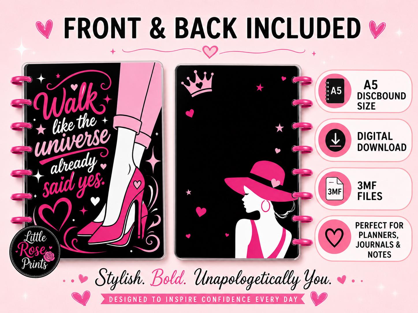 Women Empowerment A5 Notebook Cover 3MF Set | Motivational Pink Front, Back & Rings | 3D Printable Digital File