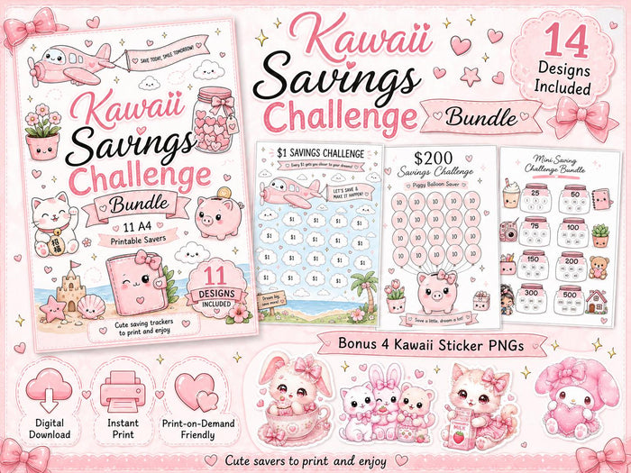 Kawaii Savings Challenge Bundle, A4 Cash Stuffing Trackers, Budget Planner (Digital Download)