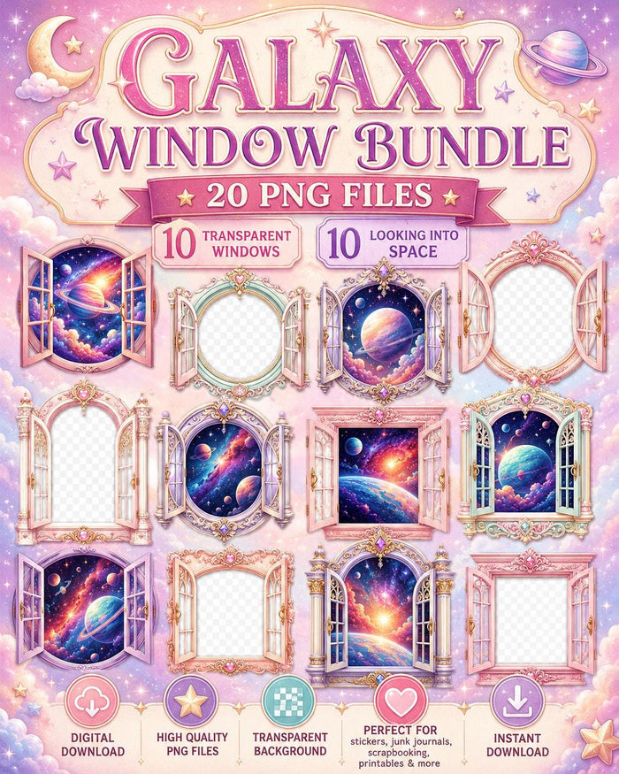 Galaxy Window PNG Bundle | Fantasy Space Window Clipart | Transparent Window PNG | Junk Journal Digital Download | 20 PNG Files
