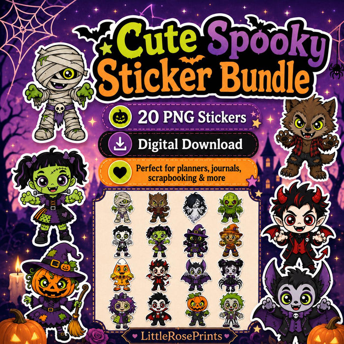 Kawaii Halloween PNG Sticker Bundle – 16 Cute Spooky Monster Clipart Designs