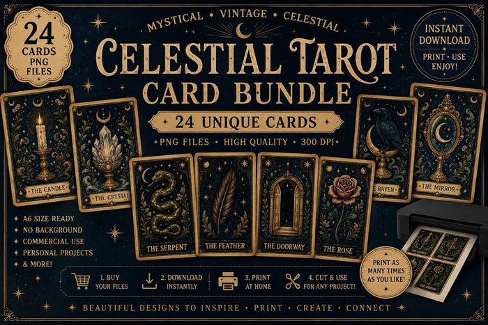 Mystical Tarot Style Oracle Cards | Witchy Printable PNG Card Bundle | Celestial Moon Digital Download