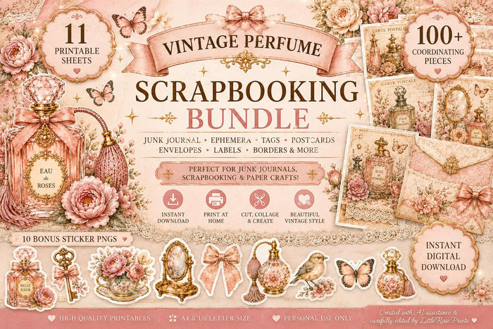 Vintage Perfume Scrapbooking Bundle, Printable Junk Journal Ephemera, Pink Rose Tags, Cards, Envelopes and PNG Stickers