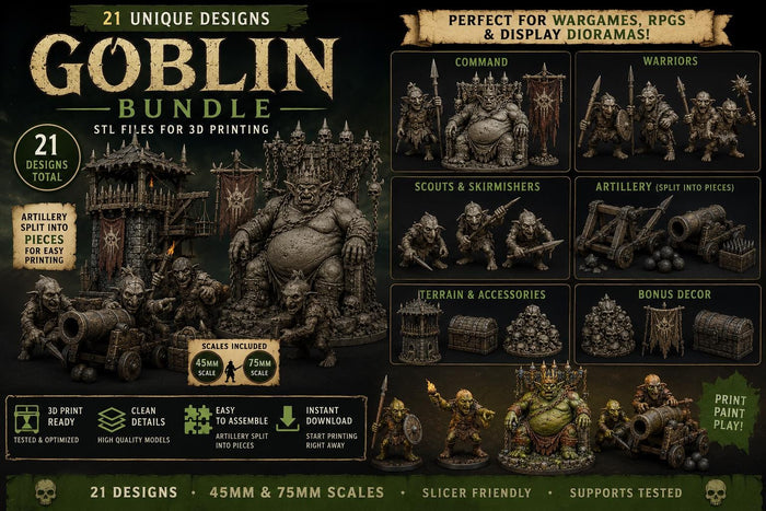 Goblin STL Bundle: 21 Dark Fantasy Miniatures and Terrain, 45mm & 75mm