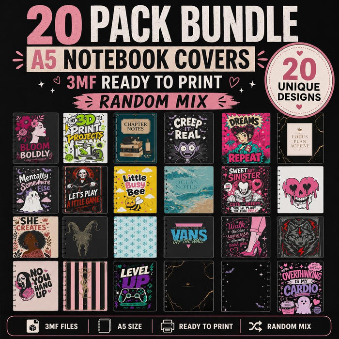 A5 Notebook Cover Bundle | 20 Unique 3MF Designs | Ready to Print | Random Mix Front & Matching Back Covers