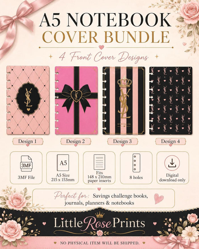 A5 Luxury Notebook Cover Bundle 3MF | 4 Front & 4 Back Covers | 3D Printable Planner Cover Set | Digital Download
