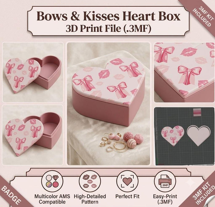 Coquette Bow & Kisses Heart Box – Multi-Color 3D Print File (.3MF)