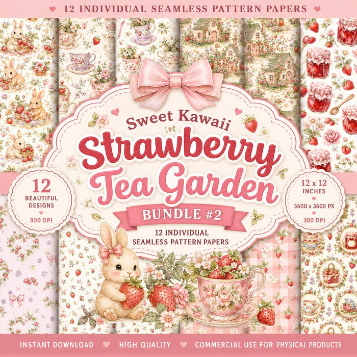 Strawberry Seamless Pattern Bundle, Kawaii Cottagecore Digital Paper, 12 Strawberry Tea Garden Papers, Scrapbook Paper, 300 DPI