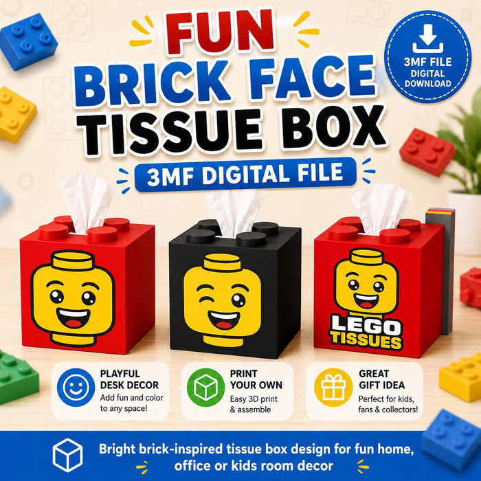 Brick Face Tissue Box 3MF File | 3D Printable Tissue Holder | Fun Desk Decor | Kids Room Decor | Brick Inspired Gift | Digital Download