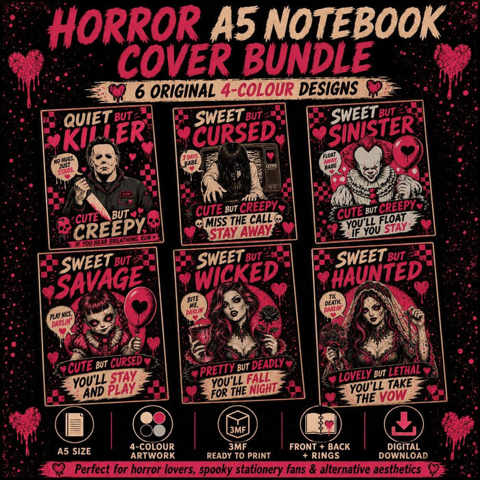 Pink Horror A5 Discbound Notebook Cover Bundle, 6 Spooky 4 Colour 3MF Files, Front Back Rings, Digital Download