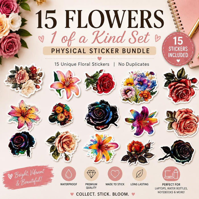 15 Floral Vinyl Sticker Bundle | Unique Flower Stickers | Matte Waterproof Stickers | Laptop Sticker Pack | Planner | Water Bottle Decals