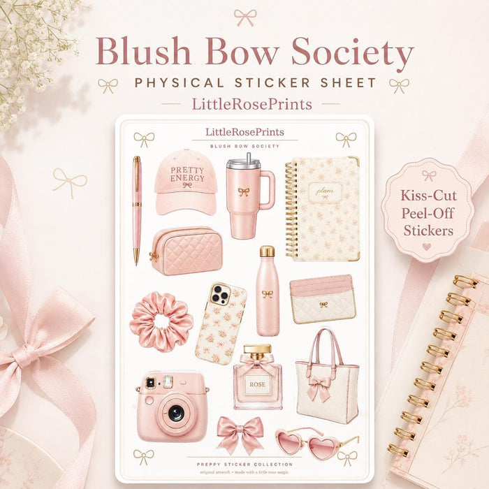 Blush Bow Sticker Sheet | Pink Preppy Aesthetic Stickers | Matte Vinyl Kiss Cut Stickers | Planner Stickers | Journal Stickers