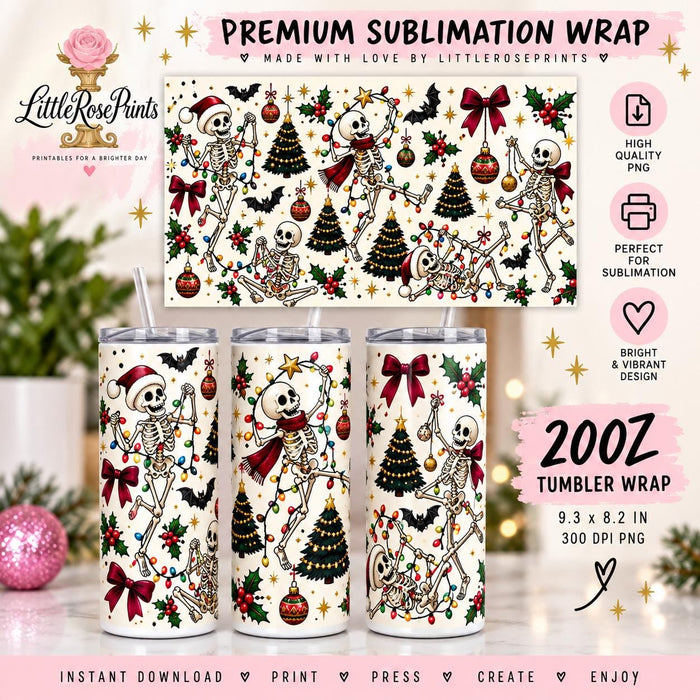 Christmas Skeleton Sublimation Wrap Bundle | 12oz Mug, 14oz Bottle & 20oz Tumbler PNG | Spooky Christmas Digital Download