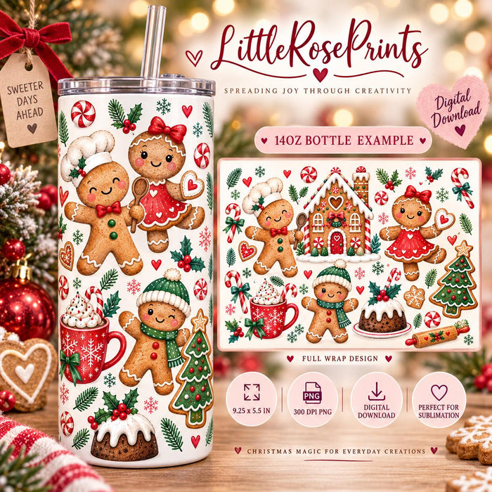 Gingerbread Christmas Sublimation PNG Bundle | 20oz Tumbler Wrap, 14oz Bottle & 12oz Mug Wrap