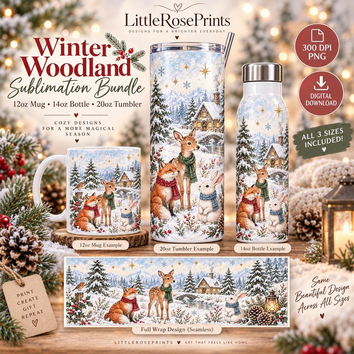 Winter Woodland Sublimation PNG Bundle | 20oz Tumbler Wrap, 14oz Bottle & 12oz Mug Wrap | Christmas Wildlife Digital Download