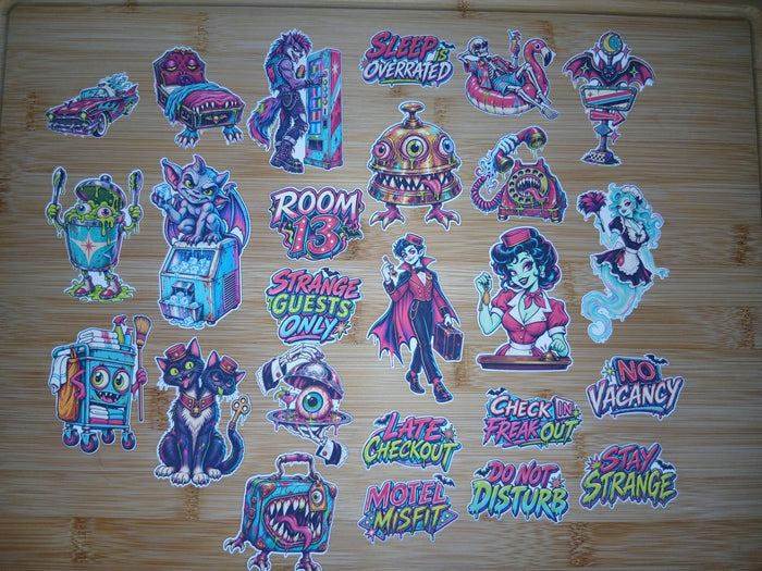 Midnight Hotel Misfits Sticker Pack | 25 Physical Matte Vinyl Stickers | Spooky Retro Hotel Stickers | Approx. 2 Inch Die Cut Stickers