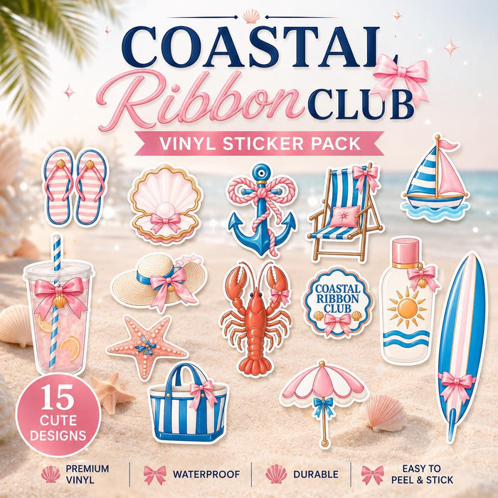 Coastal Ribbon Club Vinyl Sticker Pack | 15 Preppy Coastal Beach Stickers | Pink & Blue Bow Sticker Bundle