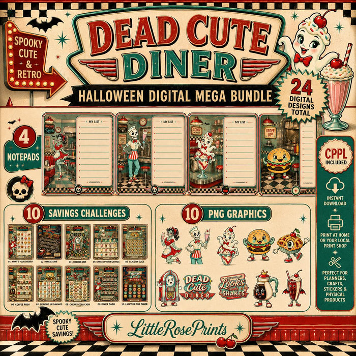 Dead Cute Diner Halloween Digital Bundle | 24 Printable Designs + PNG Clip Art | Savings Challenges, Notepads + CPPL