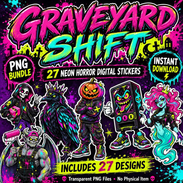 Graveyard Shift Neon Horror Digital Sticker Bundle | 27 PNG Stickers | Spooky Punk Characters | Instant Download