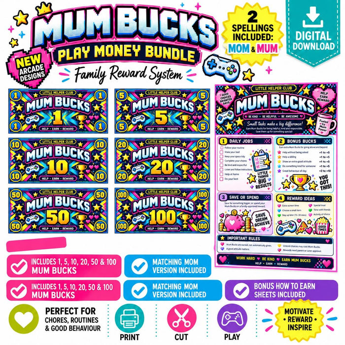 Mum Bucks & Mom Bucks Printable Reward System | Kids Chore Money | Family Behaviour Chart | Arcade Play Money | Digital Download
