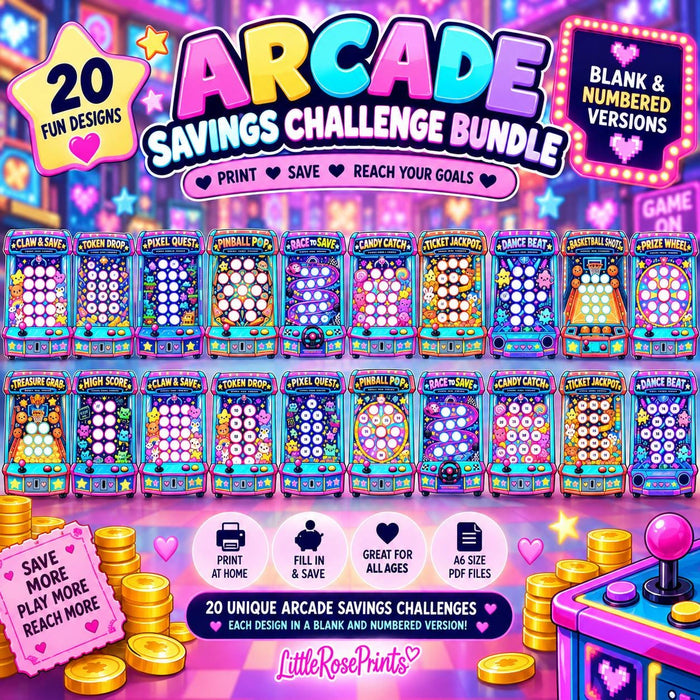 Arcade Savings Challenge Bundle | 40 A6 Printable Savings Trackers | Cash Stuffing Challenges | Budget Binder | Kids Money Saving PDF