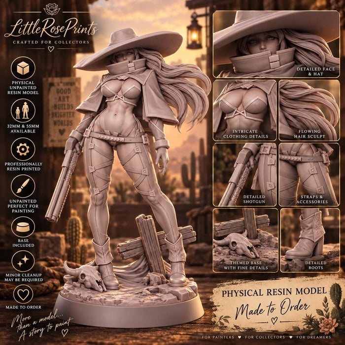 Western Cowgirl Gunslinger Figurine | Unpainted Resin Miniature | 32mm or 55mm Collectible Model
