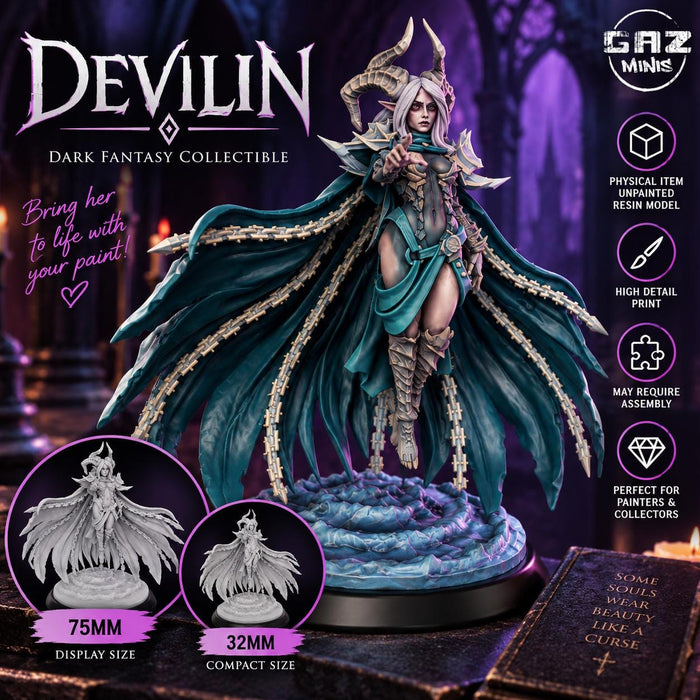 Devilin Dark Fantasy Miniature | Unpainted Resin Garage Kit | 75mm or 32mm Figurine | Miniature Painting Model | Collector Figure